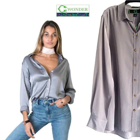 C. Wonder NEW Glam CLASSIC 100% Silk Button Down Shirt L - Picture 5 of 12